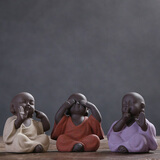 祥业茶宠摆件精品紫砂彩砂陶三不三勿茶桌摆饰 创意手工茶玩茶道配件 坐款三不一套