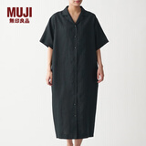 MUJI MUJI 女式 法国亚麻水洗 五分袖开襟连衣裙 BCL08C0S 黑色 M-L