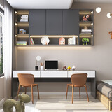 海瑞森【免费定制】海瑞森 双人书桌书架书柜一体电脑桌卧室书桌学习桌 C05深灰色+浮雕白 长2000*深600