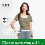 森马（Semir）短袖t恤女短款假两件百搭上衣25夏装显瘦U领套头衫109325100015