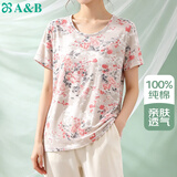 AB女夏薄纯棉短袖圆领印花妈妈上衣汗衫家居服 红牡丹 L