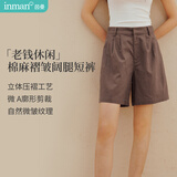 茵曼（INMAN）茵曼【秀场同款】棉麻法式阔腿短裤26夏女褶皱裤子咖色28