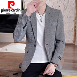 皮尔卡丹 西服男春秋新款帅气修身单西春季外套男士休闲小西装韩版千鸟格 A206浅灰 L (105-120斤)