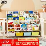 SOFS儿童书架绘本架简易落地宝宝小书柜铁艺幼儿置物架书本玩具收纳架 XXL码 (5+1)层 4盒白黄蓝绿