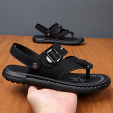 德尔加多头层牛皮凉鞋男 防滑沙滩鞋拖鞋商务新款 透气套脚拖两用户外休闲 3Q350【黑色】 #41
