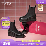 他她（TATA）英伦风切尔西靴女显瘦加绒厚底烟筒靴时装靴冬新GXB01DD4 黑色（单里） 38
