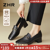 ZHR头层牛皮单鞋女通勤风粗跟皮鞋女方头乐福鞋两穿女鞋 KM01 黑色38