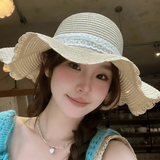 妙奕嘉草帽女海边帽子度假防晒沙滩帽大帽檐夏季草编遮阳帽遮脸太阳帽子 蕾丝蝴蝶结草帽【米色】带防风绳