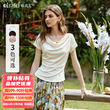 Olrain欧芮儿法式慵懒荡领显瘦短袖T恤女夏季新款短袖上衣 杏色 S
