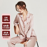 珊目尔【东方简奢风】真丝睡衣男女长袖两件套情侣款6A级100%桑蚕丝套装 藕粉色红边【女款】 L
