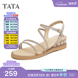 他她（TATA）绝美坡跟凉鞋女外穿一字带时装凉鞋秋季新款7UA03BL4 金色 37