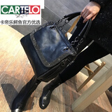 卡帝乐鳄鱼（CARTELO）简约镶钻牛皮手提包女神节欧美风气质女包大容量软皮单肩挎包潮 黑色