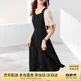 尚都比拉法式连衣裙夏季中长款a字裙泡泡袖系带收腰显瘦裙子 黑色 S 