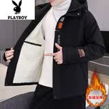 花花公子（PLAYBOY）棉服男冬季潮流秋冬款宽松连帽外套男棉衣羽休闲绒服棉袄男装 118黑色加绒 XL （约120-130斤可穿)