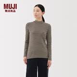 MUJI女式 起毛罗纹编织半高领长袖T恤上衣打底衫女款内搭春秋女装条纹 炭灰色条纹 M （160/84A）
