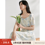 茵曼（INMAN）亚麻吊带植物碎花连衣裙女2026年夏季法式方领泡泡袖蓝色长裙 月蓝连衣裙-18424791 S