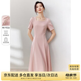 尚都比拉短袖连衣裙女夏季时尚通勤中长款a字裙钉珠收腰显瘦裙子 粉色 S