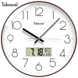 天王星（Telesonic）挂钟客厅万年历钟表3D立体创意双日历温度时钟简约石英钟薄边挂表 轻奢咖35CM日历款