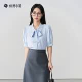 伯德小姐蓝色短袖衬衫女都市日常通勤穿搭小个子雪纺上衣面试职业衬衣