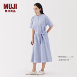 MUJI女式 凉感 短袖衬衫连衣裙女装裙子纯棉25年夏季长裙 萨克森蓝条纹 M (160/84A)