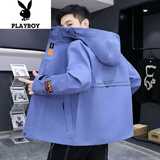 花花公子（PLAYBOY）棉服男冬季潮流秋冬款宽松连帽外套男棉衣羽休闲绒服棉袄男装 118蓝色夹克款 XL （约120-130斤可穿)