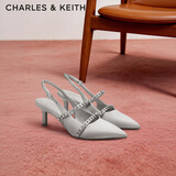 CHARLES&KEITH亮钻一字带尖头包头复古高跟凉鞋婚鞋子女鞋生日礼物CK1-61720199 Light Grey浅灰色 38