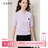 AMII女装2026夏季新款POLO领公主袖法式刺绣针织衫桃心绣花 粉紫 L 165/88A