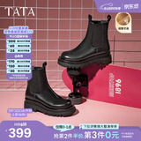 他她（TATA）英伦风切尔西靴女显瘦加绒厚底烟筒靴时装靴冬新GXB01DD4 黑色（单里） 38