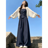 妍莉芬（yanlifen）温柔气质休闲女装套装2026秋季飘带吊带针织开衫阔腿裤三件套秋装 杏衣藏蓝衣藏蓝裤三件套 M (建议100斤-110斤)