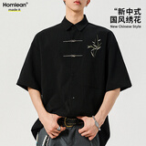 Homlean新中式短袖衬衫男夏季国风刺绣宽松百搭休闲翻领衬衣HCY59黑色M