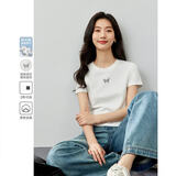 梵希蔓白色正肩短袖T恤女2026年夏修身显瘦别致印花短款上衣 米白色  S