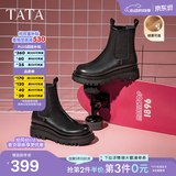 他她（TATA）英伦风切尔西靴女显瘦加绒厚底烟筒靴时装靴冬新GXB01DD4 黑色（单里） 37
