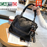 卡帝乐鳄鱼（CARTELO）女神节镶钻手提女包真皮百搭时尚斜挎包简约休闲大容量单肩包潮 黑色 送挂饰