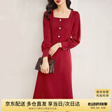 尚都比拉新年红法式连衣裙女春秋季中长款气质女神范收腰显瘦小个子裙子