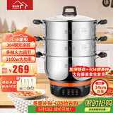 惠当家（Hui Dang Jia）电蒸锅电锅多功能电热锅电炒锅家用无涂层电蒸锅一体电煮锅加厚304不锈钢电火锅G08-34双