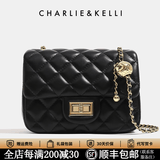 CHARLIE&KELLI CK品牌包包女款2026新款520情人节礼物链条菱格包小香风单肩斜挎 黑色浅金有logo（金色内里）