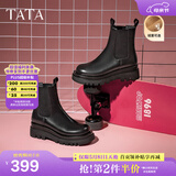 他她（TATA）英伦风切尔西靴女显瘦加绒厚底烟筒靴时装靴冬新GXB01DD4 黑色（单里） 36