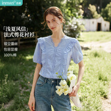 茵曼（INMAN）茵曼花边纯色v领蕾丝衬衫2026夏季新品泡泡袖短袖上衣蓝色S