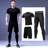 昇亿 运动套装男士健身服秋冬季运动服速干紧身衣健身裤跑步足球篮球 黑精英（拼接短袖三件套） XL