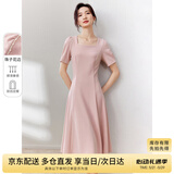尚都比拉短袖连衣裙女夏季时尚通勤中长款a字裙钉珠收腰显瘦裙子 粉色 XL