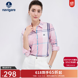 Navigare意大利小帆船女士长袖衬衫春秋季休闲格子衬衣莱赛尔高档寸衫 洋红/白 L