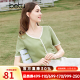 百图betu女装夏季新款T恤法式减龄蕾丝花边V领短袖T恤女2403T19 绿色 M