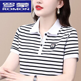 罗蒙2026新款纯.棉短袖t恤女横条纹有翻领中年夏装带领上衣高端时尚 白黑细条纹P2247 XL