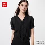 优衣库棉质提花V领衬衫短袖女装衬衣483881 09 黑色 S