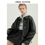 VEGA CHANG机车风皮衣女春秋季2025年韩版bf风一字扣PU皮夹克短外套 黑色 M