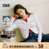 森马（Semir）长袖T恤女短款提花刺绣2025秋纯棉蕾丝花边修身开衫109725101014