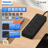 飞利浦（PHILIPS）新国标安全防雷插排插座 1.8米8位分控开关4位5孔+4位两孔插线板宿舍桌面插板/接线板/拖线板/排插