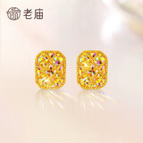 老庙黄金足金女款耳钉爆闪小方糖防掉耳饰送老婆女友七夕情人节礼物 炫彩绕线小方糖耳钉/约1.8g