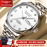 冠琴（GUANQIN）瑞士认证手表男士全自动机械表防水夜光双日历国表商务百搭男表 钻加罗马钢带本白