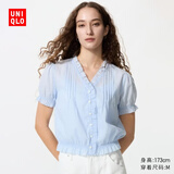 优衣库棉质提花V领衬衫短袖女装衬衣483881 60 浅蓝色 S